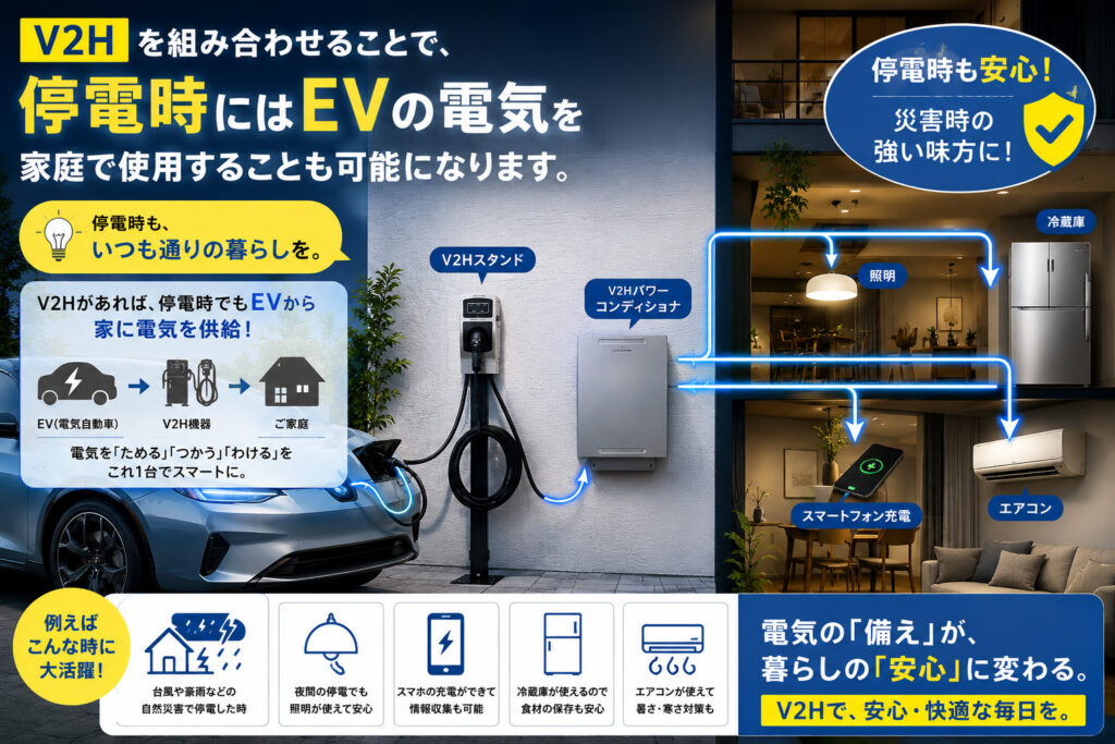 V2Hを組み合わせることで、停電時にはEVの電気を家庭で利用することも可能になります。