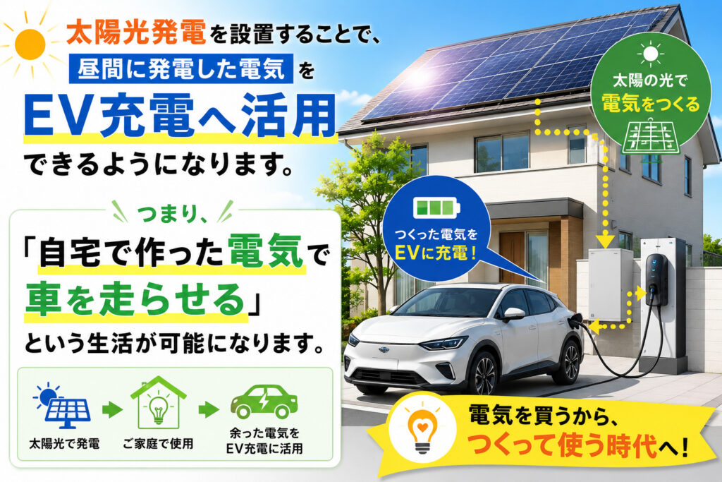 太陽光発電を設置することで、昼間に発電した電気をEV充電へ活用できるようになります。